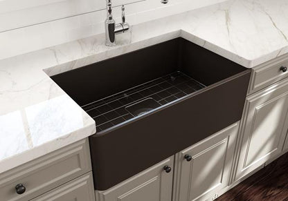 Bocchi - Classico Farmhouse Apron Front Fireclay 30 in. Single Bowl Kitchen Sink with Protective Bottom Grid and Strainer