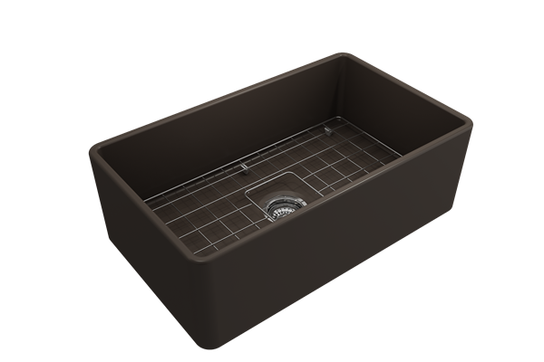 Bocchi - Classico Farmhouse Apron Front Fireclay 30 in. Single Bowl Kitchen Sink with Protective Bottom Grid and Strainer