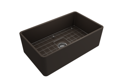 Bocchi - Classico Farmhouse Apron Front Fireclay 30 in. Single Bowl Kitchen Sink with Protective Bottom Grid and Strainer