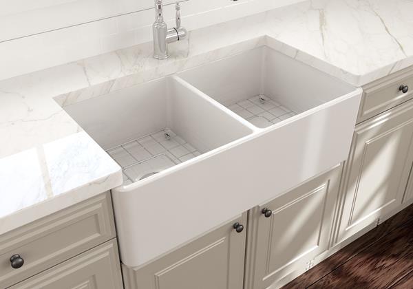 Bocchi - Classico Farmhouse Apron Front Fireclay 33 in. Double Bowl Kitchen Sink with Protective Bottom Grids and Strainers