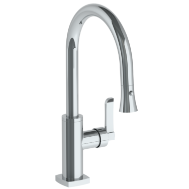 Watermark - H-Line Deck Mounted 1 Hole Gooseneck Kitchen Faucet with Pull Down Spray - Low Spout