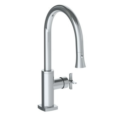Watermark - H-Line Deck Mounted 1 Hole Gooseneck Kitchen Faucet with Pull Down Spray - Low Spout
