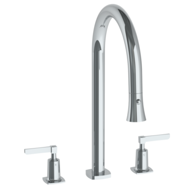 Watermark - H-Line Deck Mounted 3 Hole Gooseneck Kitchen Faucet with Pull Down Spray
