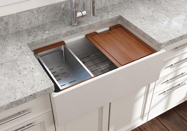 Bocchi - Contempo Step-Rim Apron Front Fireclay 30 in. Single Bowl Kitchen Sink with Integrated Work Station & Accessories