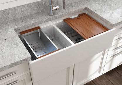 Bocchi - Contempo Step-Rim Apron Front Fireclay 36 in. Double Bowl Kitchen Sink with Integrated Work Station & Accessories