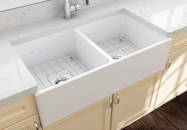 Bocchi - Contempo Apron Front Fireclay 36 in. Double Bowl Kitchen Sink with Protective Bottom Grids and Strainers