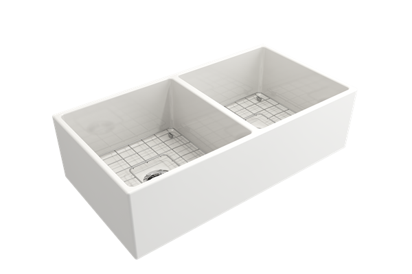 Bocchi - Contempo Apron Front Fireclay 36 in. Double Bowl Kitchen Sink with Protective Bottom Grids and Strainers