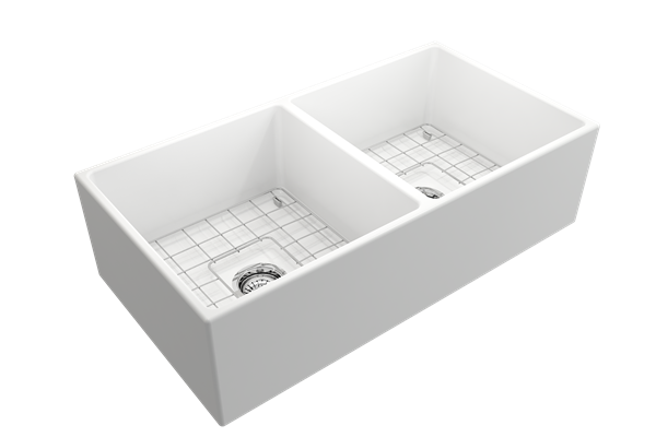 Bocchi - Contempo Apron Front Fireclay 36 in. Double Bowl Kitchen Sink with Protective Bottom Grids and Strainers