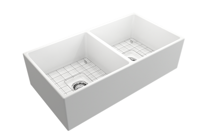 Bocchi - Contempo Apron Front Fireclay 36 in. Double Bowl Kitchen Sink with Protective Bottom Grids and Strainers