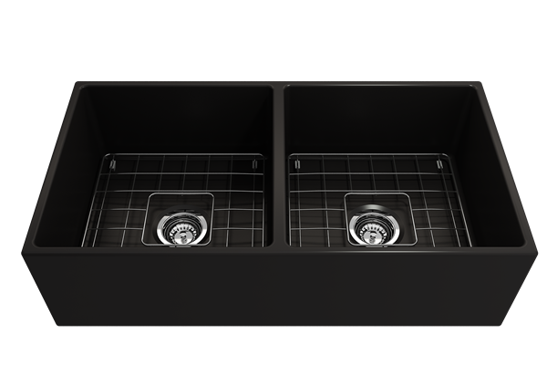 Bocchi - Contempo Apron Front Fireclay 36 in. Double Bowl Kitchen Sink with Protective Bottom Grids and Strainers