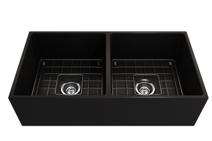 Bocchi - Contempo Apron Front Fireclay 36 in. Double Bowl Kitchen Sink with Protective Bottom Grids and Strainers