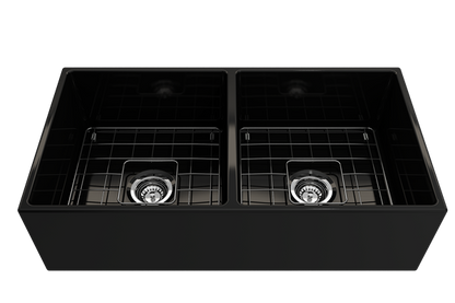 Bocchi - Contempo Apron Front Fireclay 36 in. Double Bowl Kitchen Sink with Protective Bottom Grids and Strainers