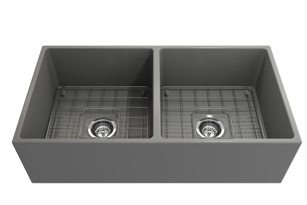 Bocchi - Contempo Apron Front Fireclay 36 in. Double Bowl Kitchen Sink with Protective Bottom Grids and Strainers