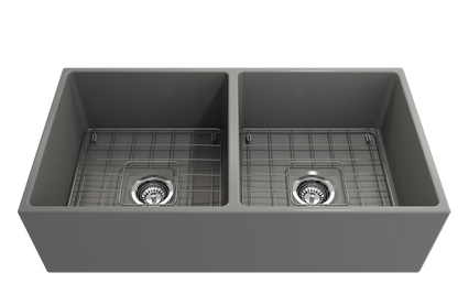Bocchi - Contempo Apron Front Fireclay 36 in. Double Bowl Kitchen Sink with Protective Bottom Grids and Strainers