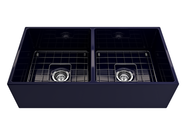 Bocchi - Contempo Apron Front Fireclay 36 in. Double Bowl Kitchen Sink with Protective Bottom Grids and Strainers