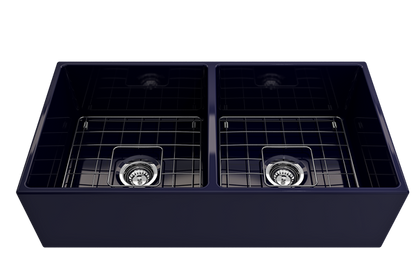Bocchi - Contempo Apron Front Fireclay 36 in. Double Bowl Kitchen Sink with Protective Bottom Grids and Strainers