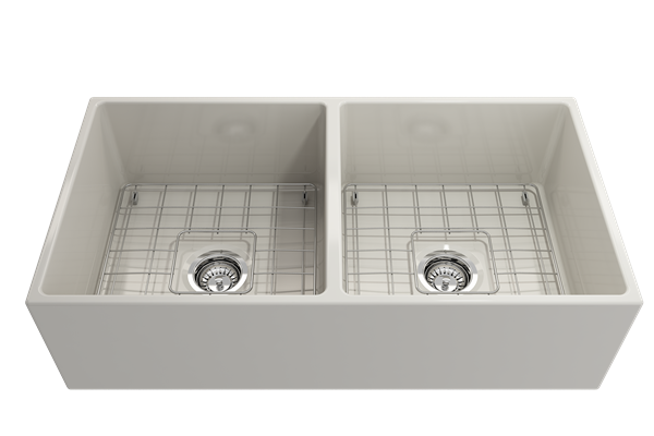 Bocchi - Contempo Apron Front Fireclay 36 in. Double Bowl Kitchen Sink with Protective Bottom Grids and Strainers