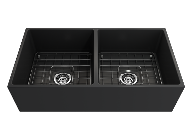 Bocchi - Contempo Apron Front Fireclay 36 in. Double Bowl Kitchen Sink with Protective Bottom Grids and Strainers