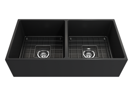 Bocchi - Contempo Apron Front Fireclay 36 in. Double Bowl Kitchen Sink with Protective Bottom Grids and Strainers