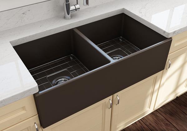 Bocchi - Contempo Apron Front Fireclay 36 in. Double Bowl Kitchen Sink with Protective Bottom Grids and Strainers