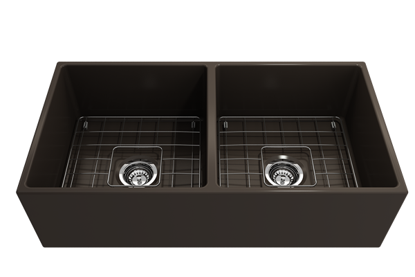 Bocchi - Contempo Apron Front Fireclay 36 in. Double Bowl Kitchen Sink with Protective Bottom Grids and Strainers