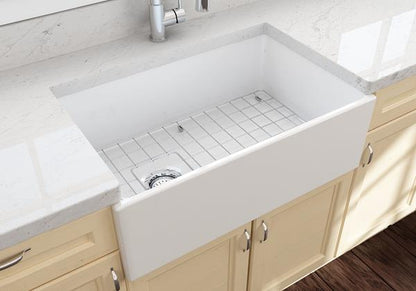 Bocchi - Contempo Apron Front Fireclay 33 in. Single Bowl Kitchen Sink with Protective Bottom Grid and Strainer