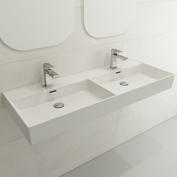 Bocchi - Milano Wall-Mounted Sink Fireclay  47.75 in. Double Bowl for Two 1-Hole Faucets with Overflows
