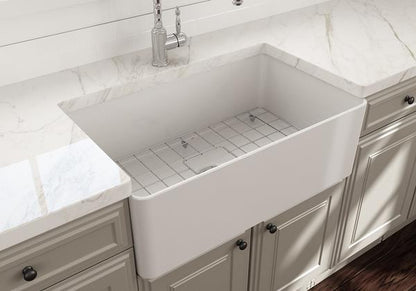 Bocchi - Aderci Ultra-Slim Farmhouse Apron Front Fireclay 30 in. Single Bowl Kitchen Sink with Protective Bottom Grid and Strainer