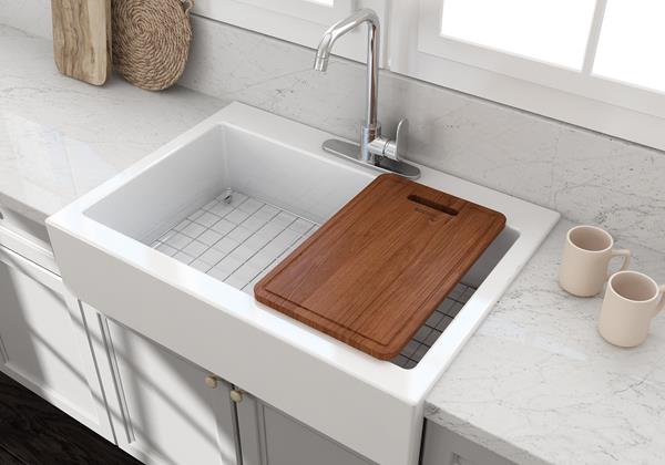 Bocchi - Nuova Apron Front Drop-In Fireclay 34 in. Single Bowl Kitchen Sink with Protective Bottom Grid and Strainer