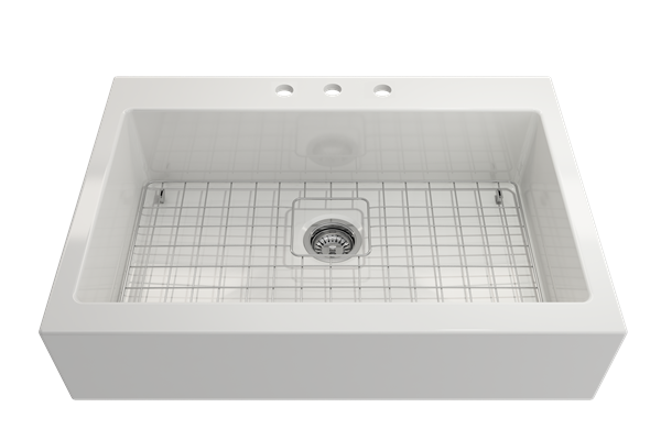 Bocchi - Nuova Apron Front Drop-In Fireclay 34 in. Single Bowl Kitchen Sink with Protective Bottom Grid and Strainer