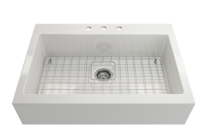 Bocchi - Nuova Apron Front Drop-In Fireclay 34 in. Single Bowl Kitchen Sink with Protective Bottom Grid and Strainer