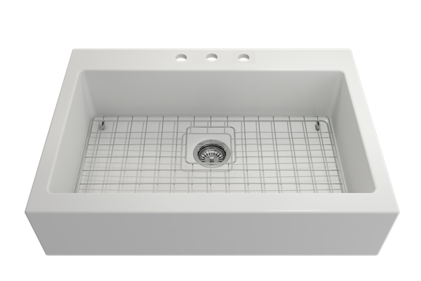Bocchi - Nuova Apron Front Drop-In Fireclay 34 in. Single Bowl Kitchen Sink with Protective Bottom Grid and Strainer