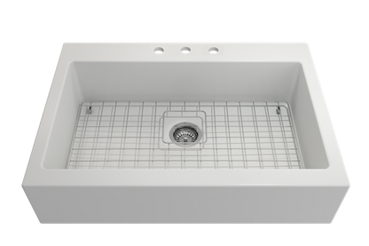 Bocchi - Nuova Apron Front Drop-In Fireclay 34 in. Single Bowl Kitchen Sink with Protective Bottom Grid and Strainer