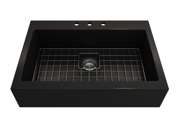 Bocchi - Nuova Apron Front Drop-In Fireclay 34 in. Single Bowl Kitchen Sink with Protective Bottom Grid and Strainer