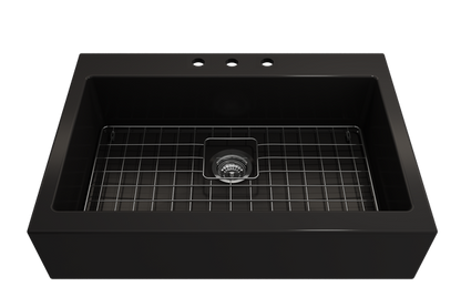 Bocchi - Nuova Apron Front Drop-In Fireclay 34 in. Single Bowl Kitchen Sink with Protective Bottom Grid and Strainer