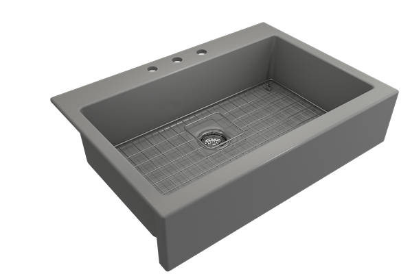 Bocchi - Nuova Apron Front Drop-In Fireclay 34 in. Single Bowl Kitchen Sink with Protective Bottom Grid and Strainer