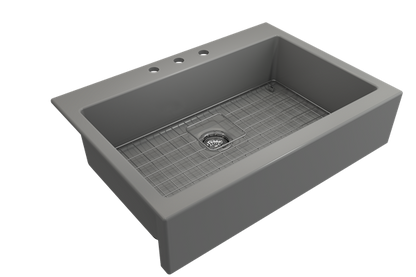 Bocchi - Nuova Apron Front Drop-In Fireclay 34 in. Single Bowl Kitchen Sink with Protective Bottom Grid and Strainer