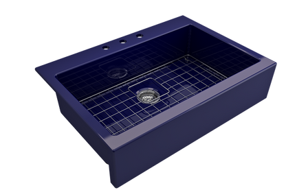 Bocchi - Nuova Apron Front Drop-In Fireclay 34 in. Single Bowl Kitchen Sink with Protective Bottom Grid and Strainer