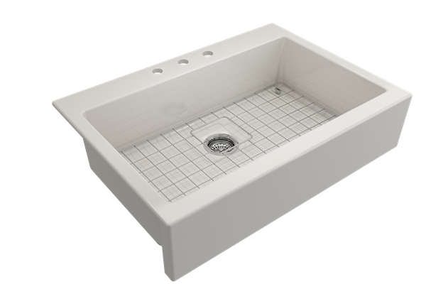 Bocchi - Nuova Apron Front Drop-In Fireclay 34 in. Single Bowl Kitchen Sink with Protective Bottom Grid and Strainer