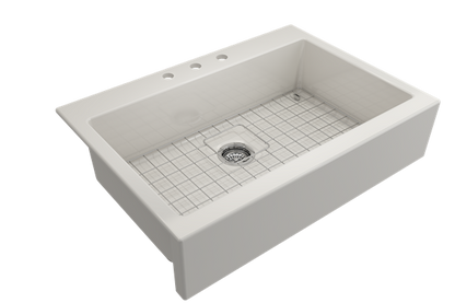 Bocchi - Nuova Apron Front Drop-In Fireclay 34 in. Single Bowl Kitchen Sink with Protective Bottom Grid and Strainer