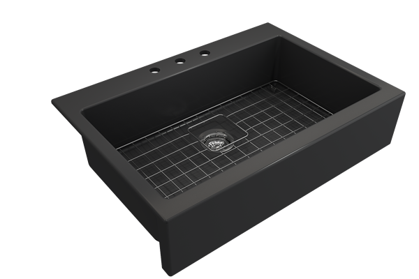 Bocchi - Nuova Apron Front Drop-In Fireclay 34 in. Single Bowl Kitchen Sink with Protective Bottom Grid and Strainer