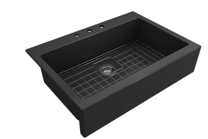 Bocchi - Nuova Apron Front Drop-In Fireclay 34 in. Single Bowl Kitchen Sink with Protective Bottom Grid and Strainer