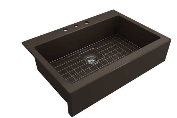 Bocchi - Nuova Apron Front Drop-In Fireclay 34 in. Single Bowl Kitchen Sink with Protective Bottom Grid and Strainer