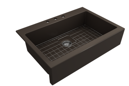 Bocchi - Nuova Apron Front Drop-In Fireclay 34 in. Single Bowl Kitchen Sink with Protective Bottom Grid and Strainer