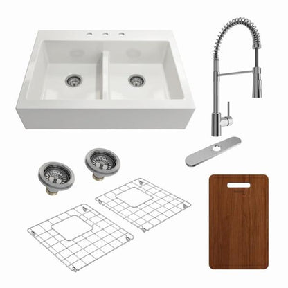 Bocchi - Kit: 1501 Nuova Apron Front Drop-In Fireclay 34 in. 50/50 Double Bowl Kitchen Sink with Protective Bottom Grids and Strainers & Cutting Board w/ Livenza 2.0 Faucet