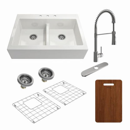 Bocchi - Kit: 1501 Nuova Apron Front Drop-In Fireclay 34 in. 50/50 Double Bowl Kitchen Sink with Protective Bottom Grids and Strainers & Cutting Board w/ Livenza 2.0 Faucet