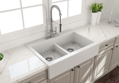 Bocchi - Nuova Apron Front Drop-In Fireclay 34 in. 50/50 Double Bowl Kitchen Sink with Protective Bottom Grids and Strainers