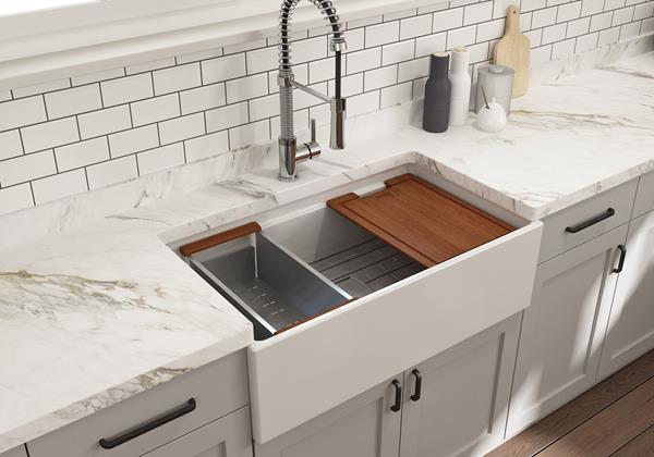 Bocchi - Contempo Step-Rim Apron Front Fireclay 33 in. Single Bowl Kitchen Sink with Integrated Work Station & Accessories