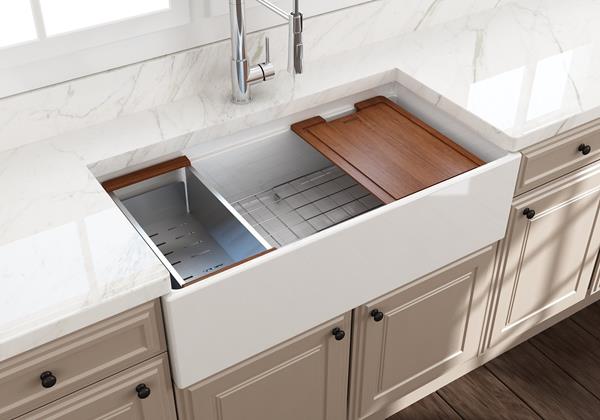 Bocchi - Contempo Step-Rim Apron Front Fireclay 36 in. Single Bowl Kitchen Sink with Integrated Work Station & Accessories