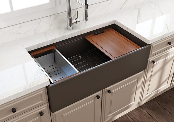 Bocchi - Contempo Step-Rim Apron Front Fireclay 36 in. Single Bowl Kitchen Sink with Integrated Work Station & Accessories